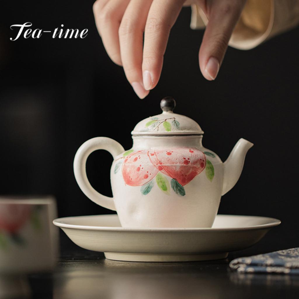 140ml Hand-painted Overglaze Color Peach Teapot Handmade Stoneware Teapots with Filter Household Single Pot Kung Fu Tea Set
