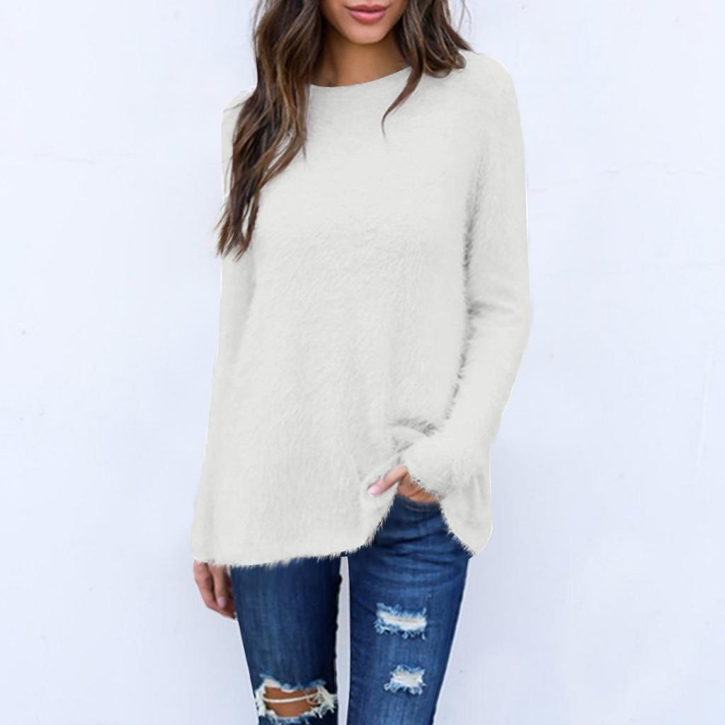 Women's Fashion Casual Long Sleeve Sweater Loose Round Neck Front Short Back Long Top