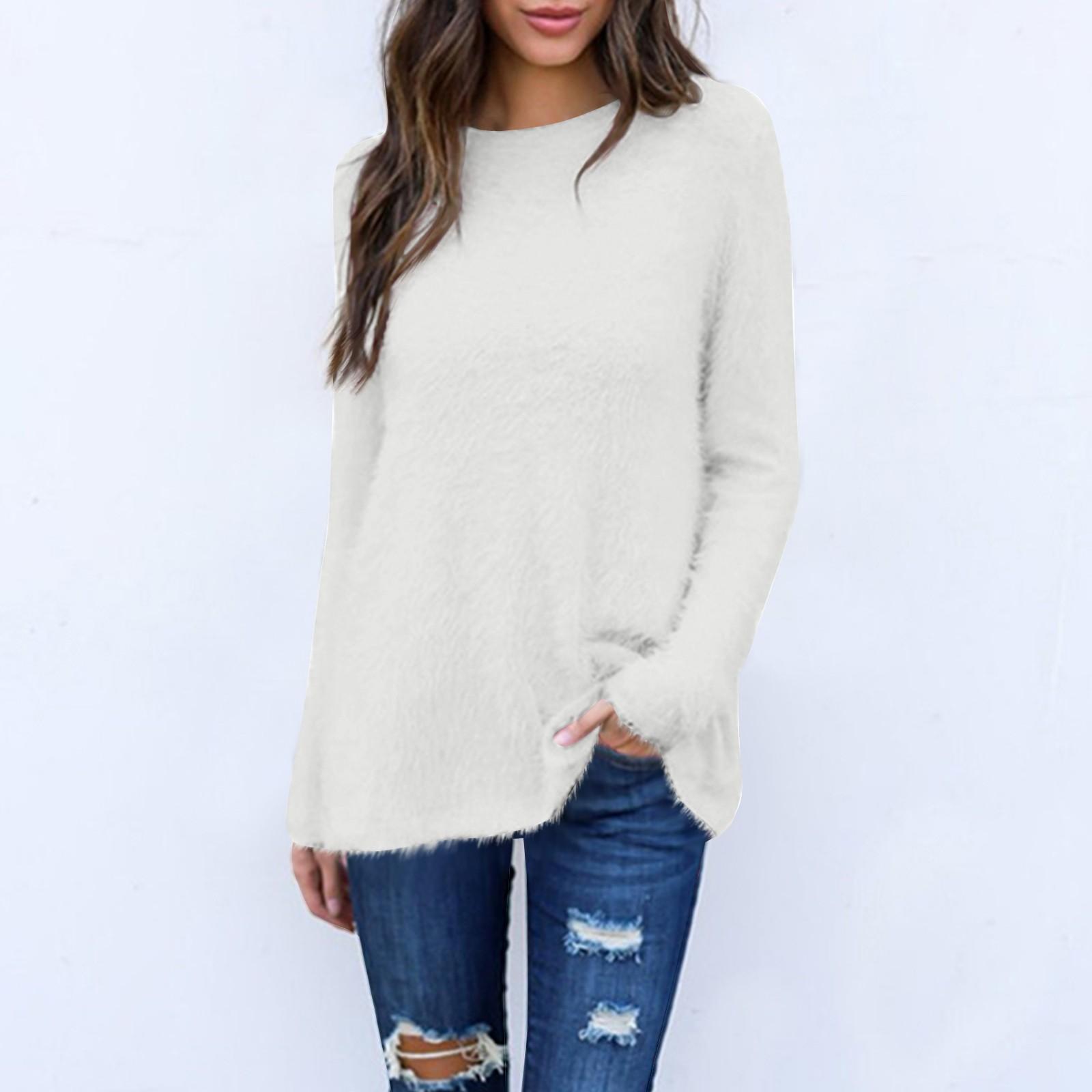 

Women s Fashion Casual Long Sleeve Sweater Loose Round Neck Front Short Back Long Top S белый