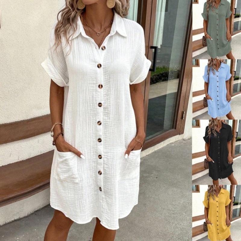 

Summer V-Neck Button Cotton Linen Shirt Dress for Women XL