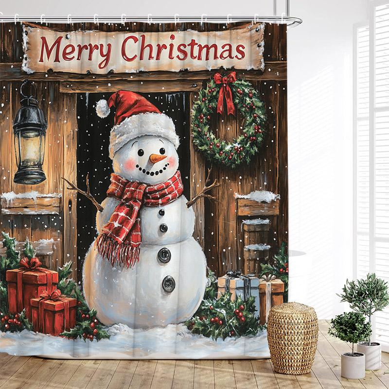 Cute Christmas Snowman Shower Curtain Winter Forest Xmas House Cedar New Year Home Bathroom Decoration Bath Curtains With Hooks
