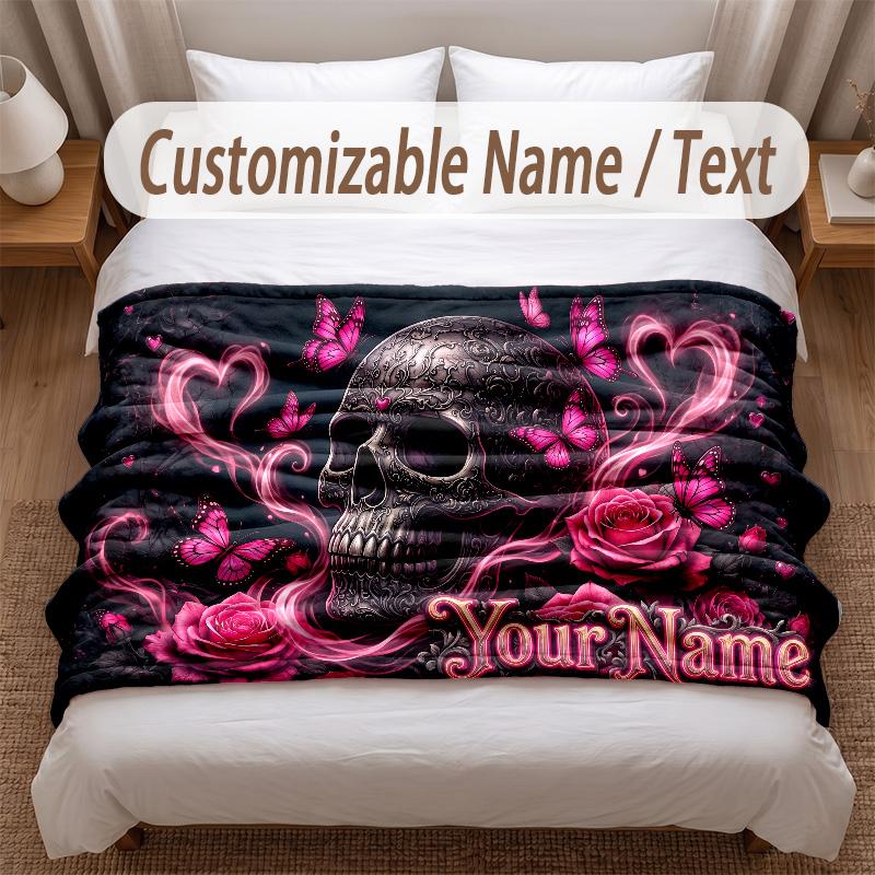 Skull Gothic Theme Soft Blanket Personalized Custom Name Text Print Warm Blanket Home Sofa Bedroom Decor