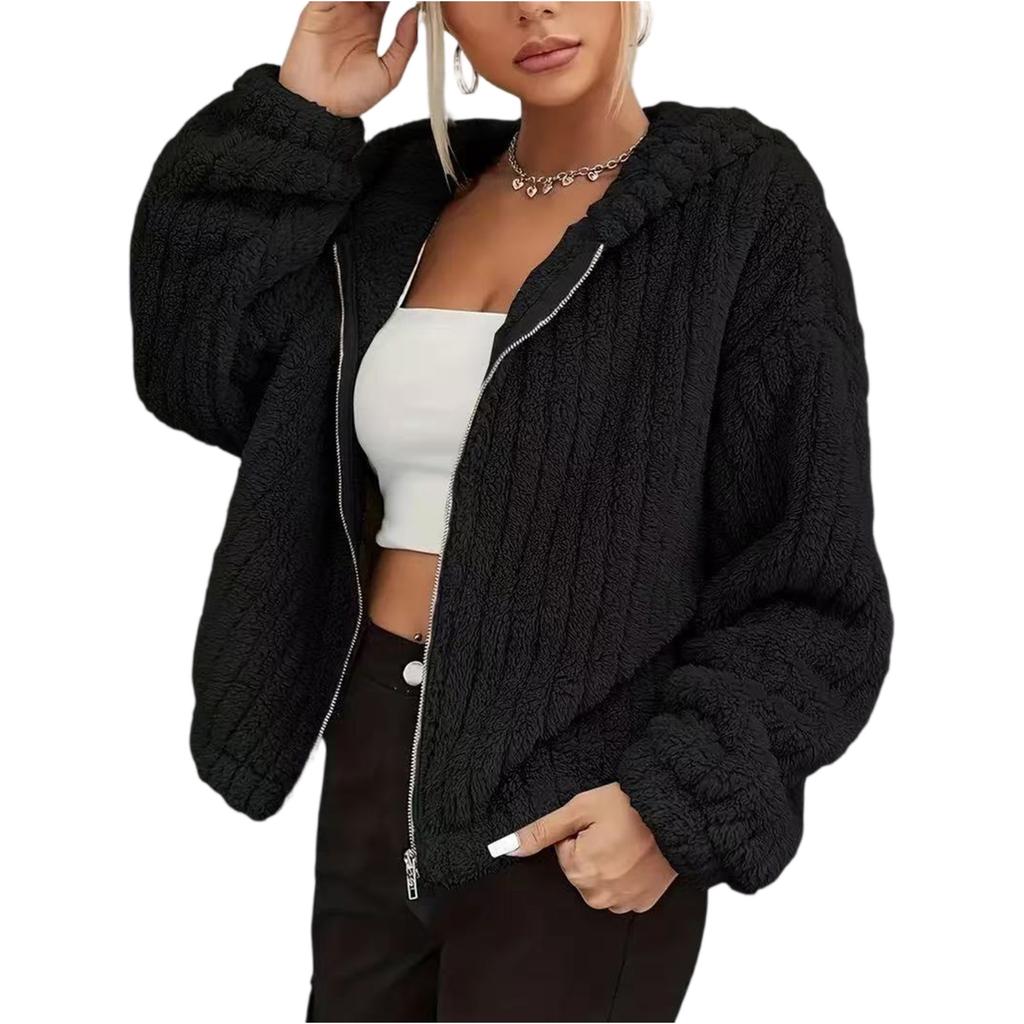 Damenmode Einfarbiger Cardigan mit Reißverschluss und Kapuzen-Fleecejacke mit Katzenohren