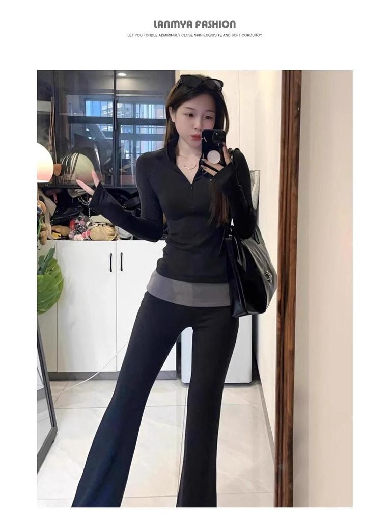 Petite 145 Black Flare High-Waist Slimming Shark Pants for Women (Spring/Autumn)