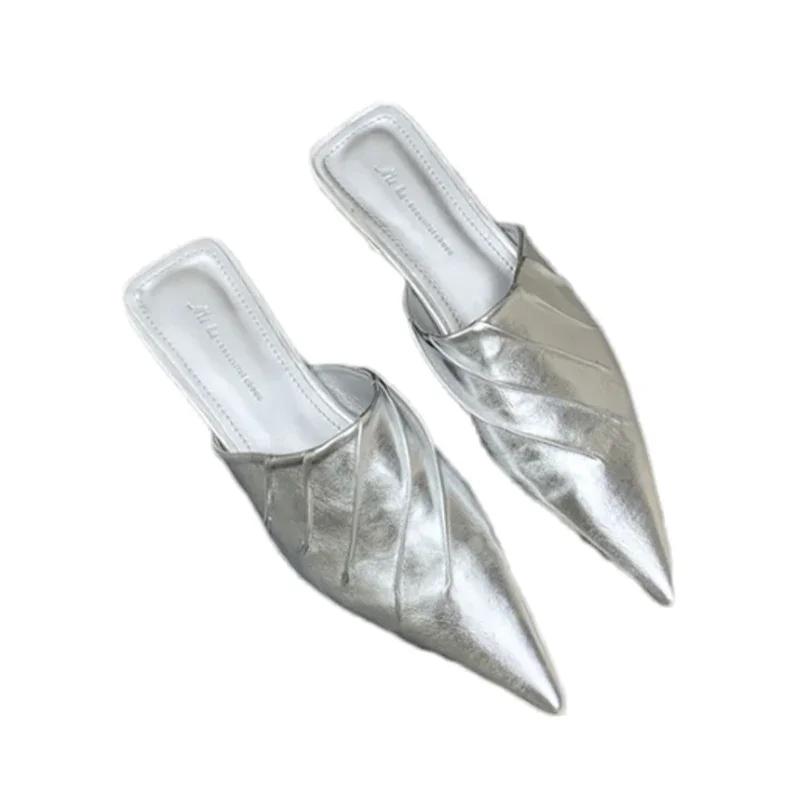 Fashion Elegant Women Slippers Pointed Toe Heels Mules Shoes Fashion Women's Sandals 2025 Summer Brand Flip Flops Luxury Mujer Zapatos