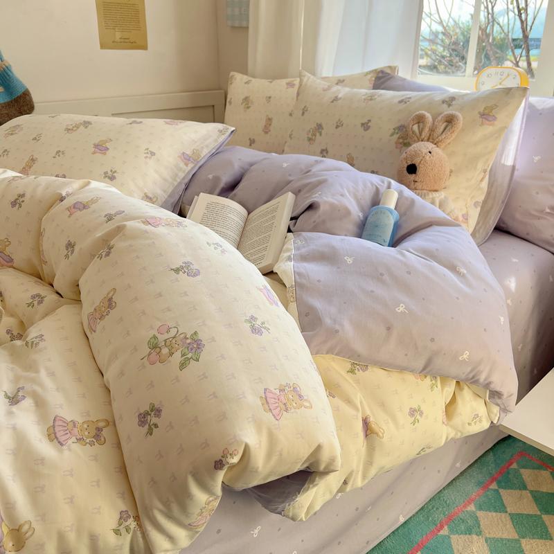 Sleeping Grid INS Age Reducing Cute Cartoon Style 40 Count Cotton Four Piece Set