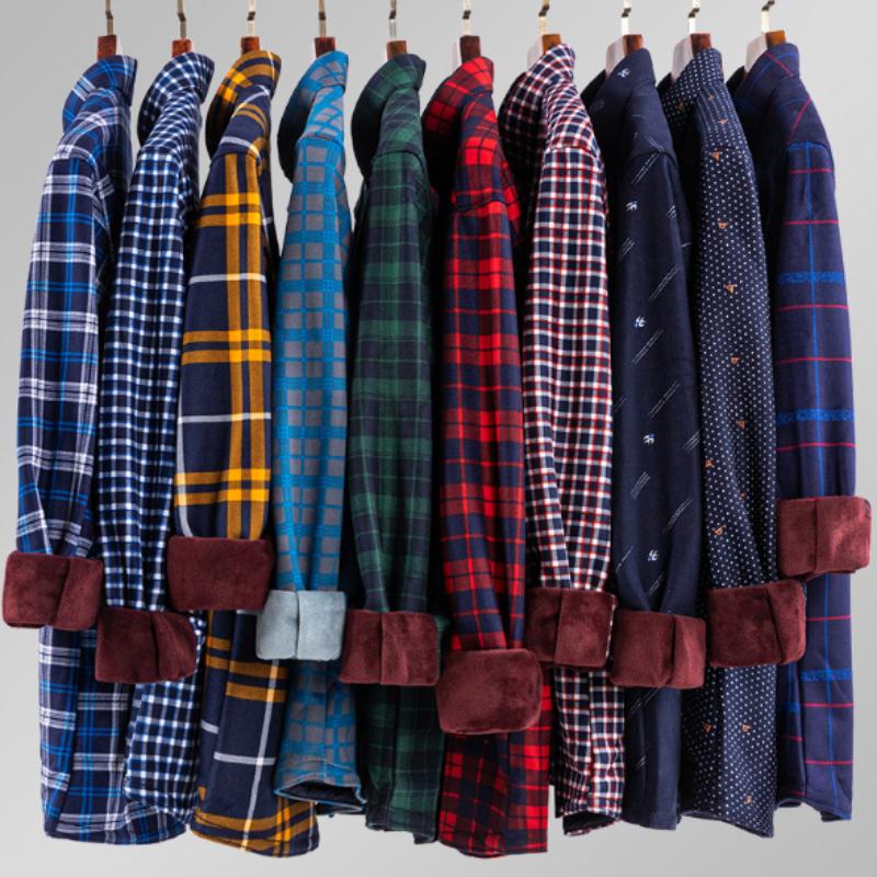 Men's Fleece-Lined Long-Sleeve Shirt Plaid Warm Thickened Shirt for Autumn and Winter