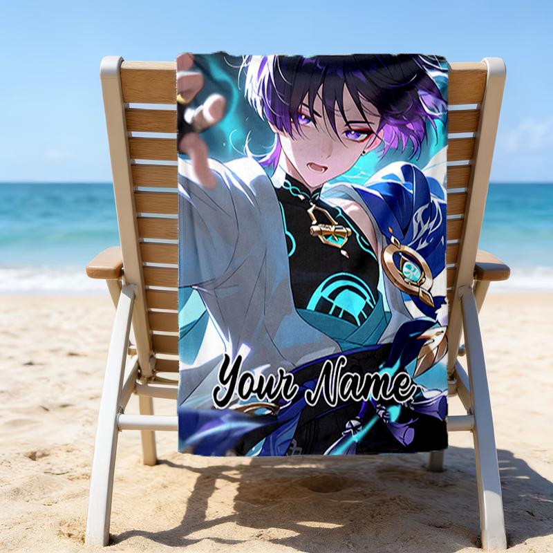 1pc Genshin Impact4 Beach Towel with Custom Name, Beach/Swimming/Bath/Picnic/Camping Towel, Suitable for Seaside Beaches