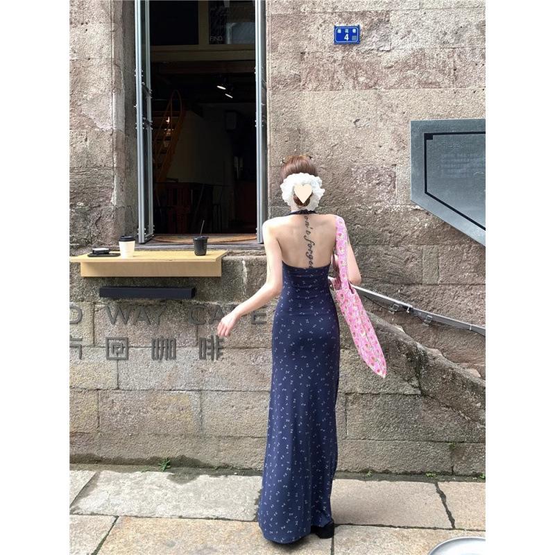 Kink lace neck sling floral dress women's summer new seaside vacation beach dress