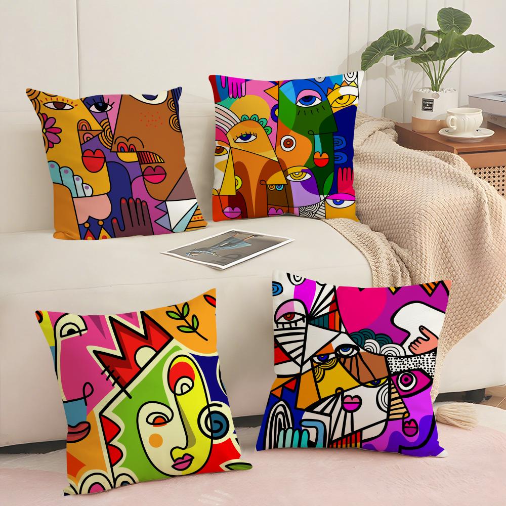 Colorful Abstract Faces Cushion Cover Silky Short Plush Sofa Pillow Cover Hidden Zipper Soft Dustproof Case for Home Decor
