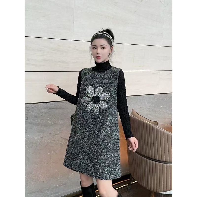 Great Fire! Welfare Old Pink ~ Tweed Sequins Attached Glitter SUNFLOWER Vest Skirt Women Autumn and Winter Dress Thick