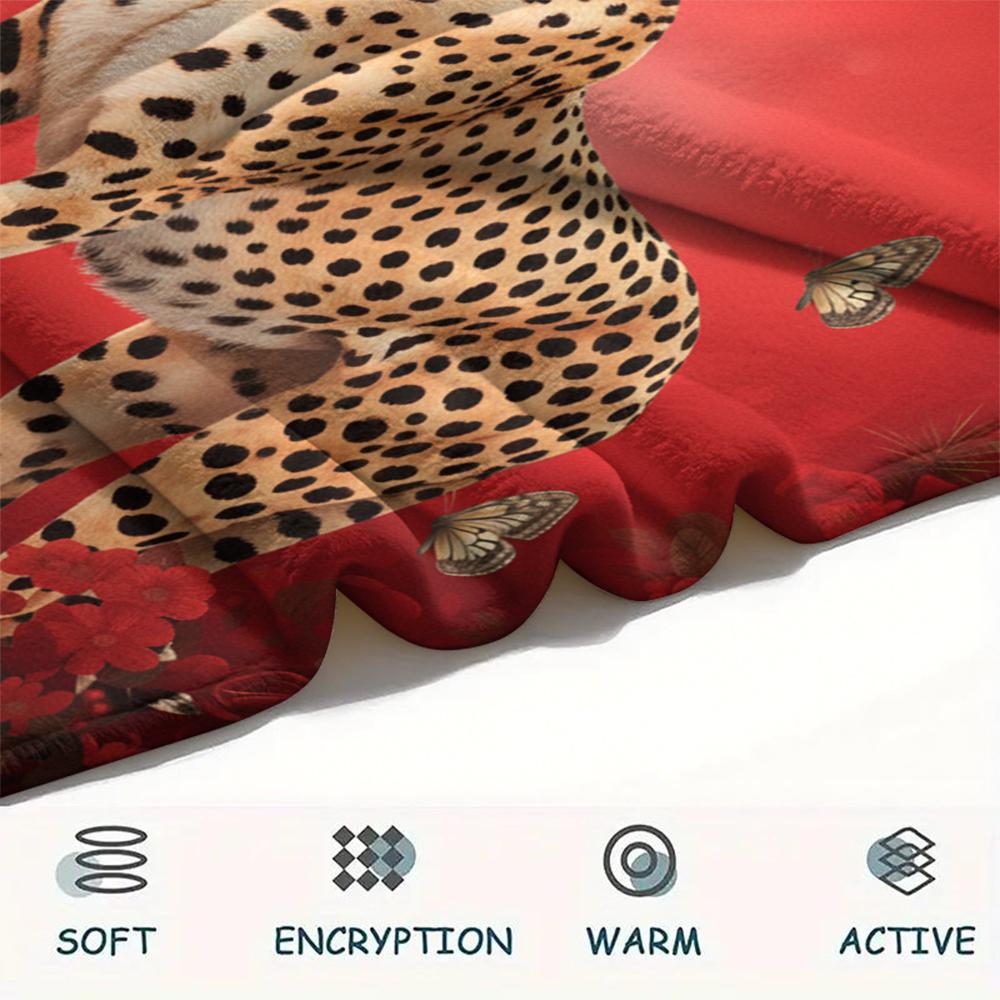 1PC Red Rose Animals Print Flannel Blanket, High Quality All Seasons, Home Decor, Warmth and Comfort, Perfect for Christmas Gifts