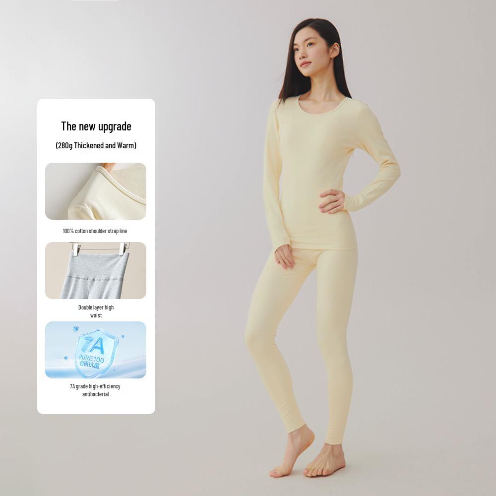 Women's Plus Size Double-Sided Flannel Underwear Set - Pure Cotton, Thick Round Neck Base Layer for Autumn and Winter