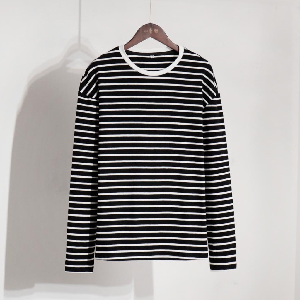 Long Sleeved Striped T-shirt Casual Round Neck Pure Cotton Striped T-shirt