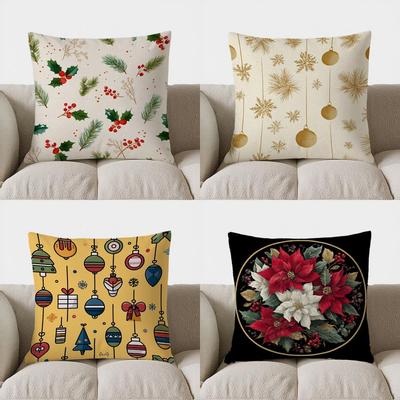 Home Decor Christmas Holly And Pine Throw Pillow Pattern Cushion Cover Suitable For Sofa Bedroom Car Pillow Cover