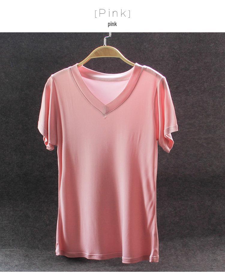 

Женский топ из шелкового трикотажа с V-образным вырезом и коротким рукавом, приталенный - Белая летняя футболка XXL розовый