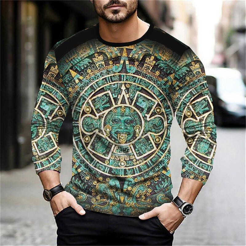 Spring And Autumn Long Sleeve Aztec Graphic Printed T-Shirts Men Street Casual Tops Female Loose Pullover Oversized Clothing Outdoor T Shirts