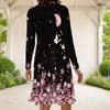 Women Plus Size Round Neck Long Sleeve Blue Beige Paisley Printed A Line Dress