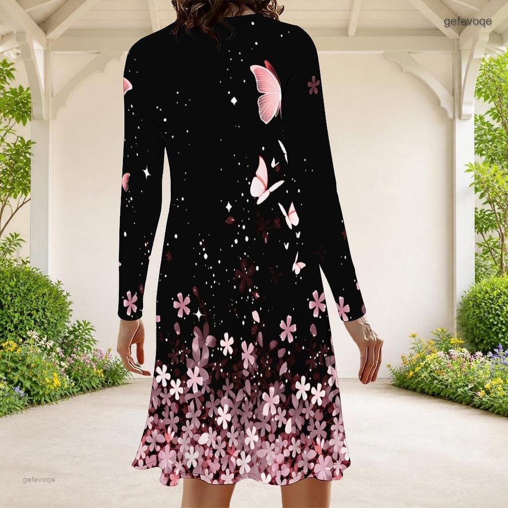 Women Plus Size Round Neck Long Sleeve Blue Beige Paisley Printed A Line Dress