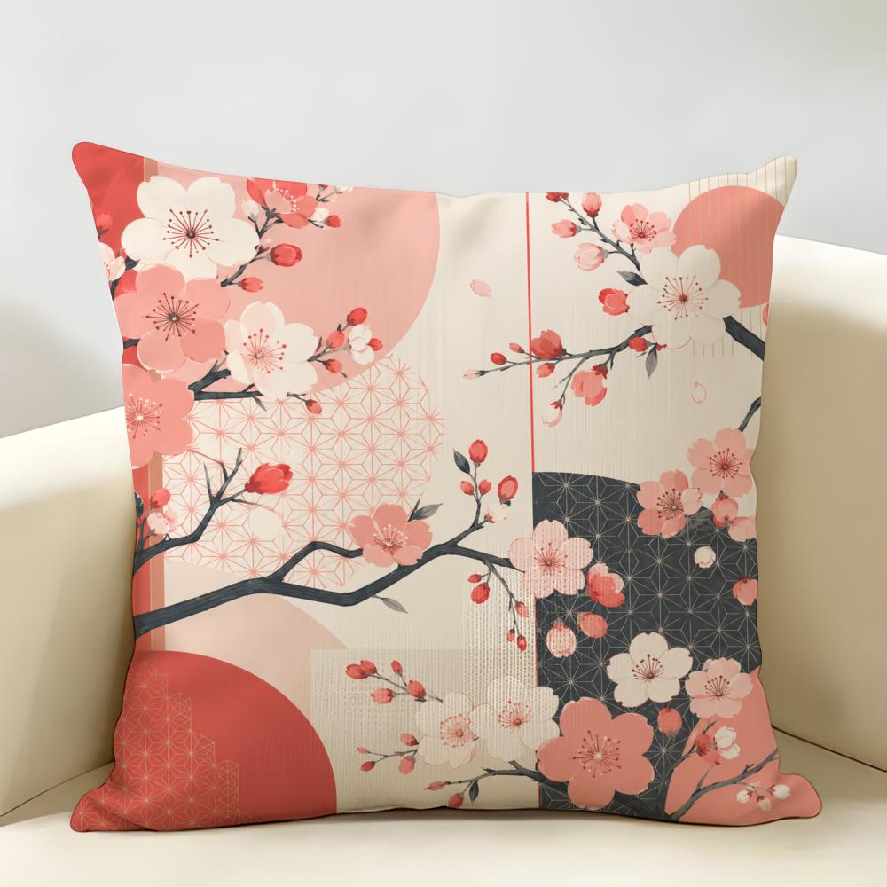Japanese Cherry Blossom Cushion Cover Durable Hypoallergenic Organic Linen Pillow Cover Short Size Washable SkinFriendly