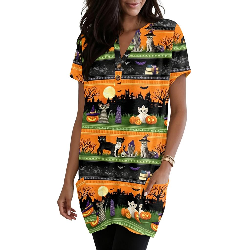 Women’s V Neck Pullover Short Sleeve Top with Halloween Themed Pumpkin and Bat Print Loose Fit Tunic with Pocket Design