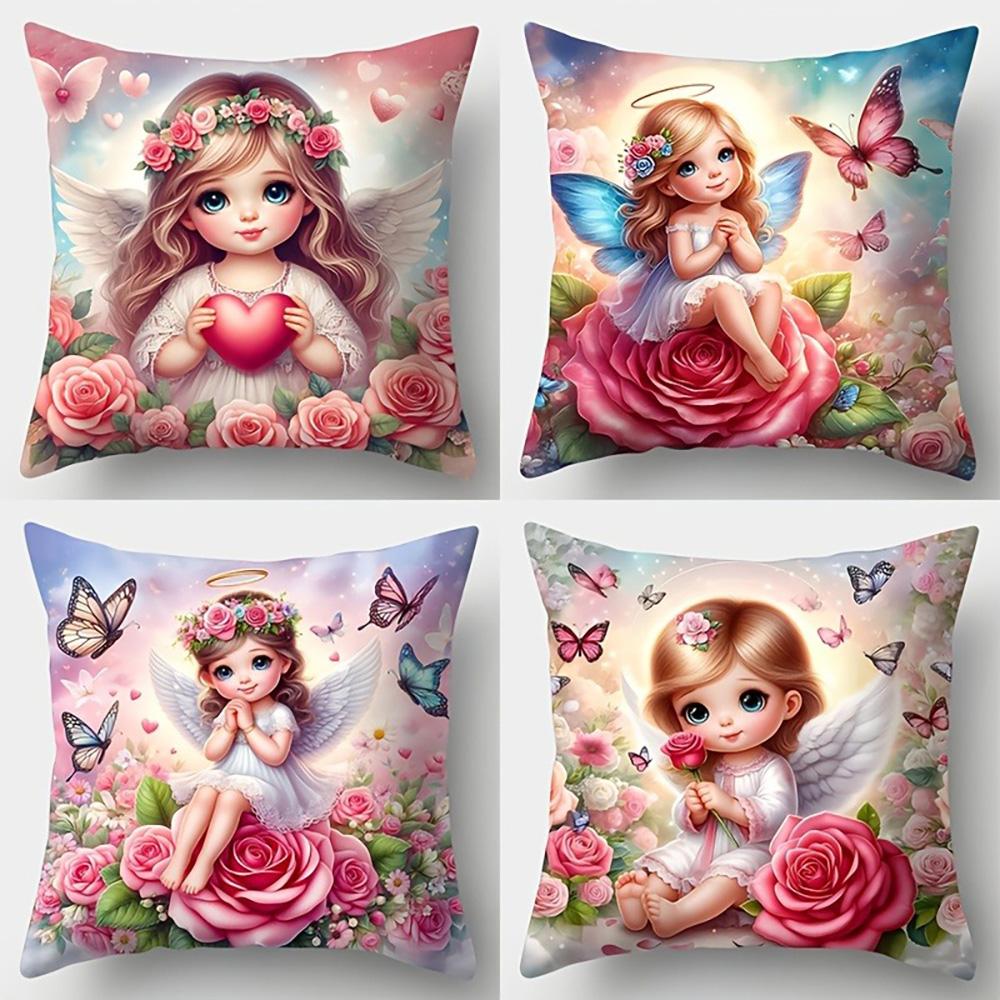 1/4pcs Valentine's Day Pillowcases: Adorable Angelic Girls with Roses and Butterflies Sofa cushion cover home bedroom decoration