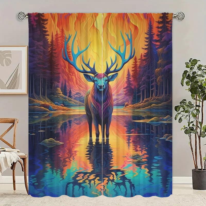 

2Pcs- Painted Deer - Printed curtains, Polyester semi-transparent curtains -100% polyester material, home decor 29Wx64L(75x166CM)x2