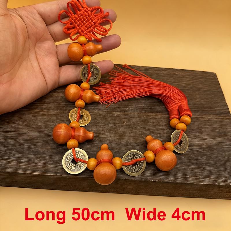 Solid Wood Gourd Copper Coin Pendant with Chinese Knot for New Year Home Decoration Lucky Fortune Living Room Door Hanging