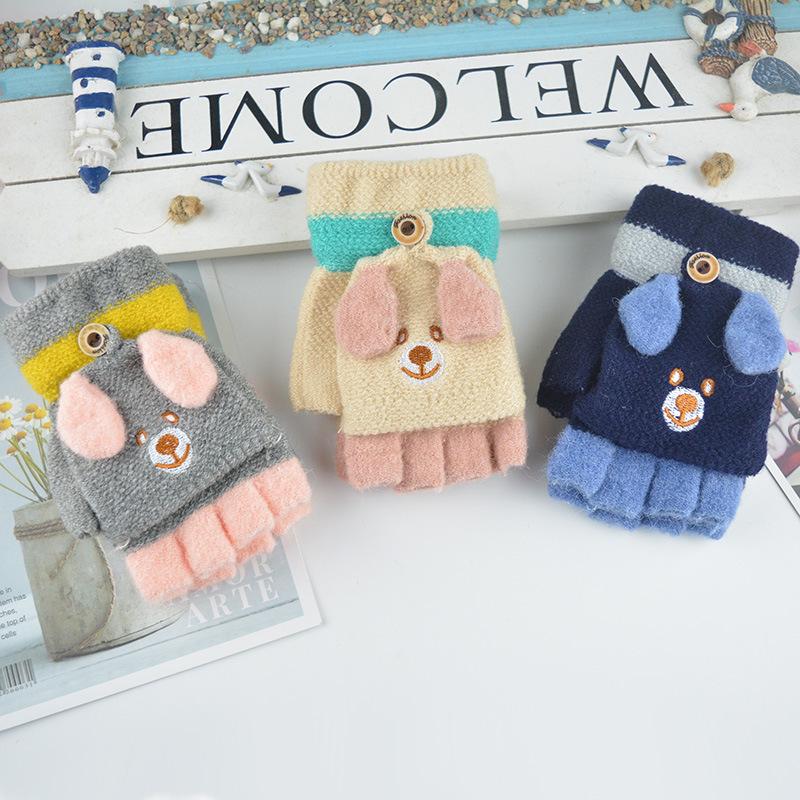 New Older Children's Half-finger Flip Gloves Winter Student Writing Knitted Thermal Gloves Cartoon Cute Gloves