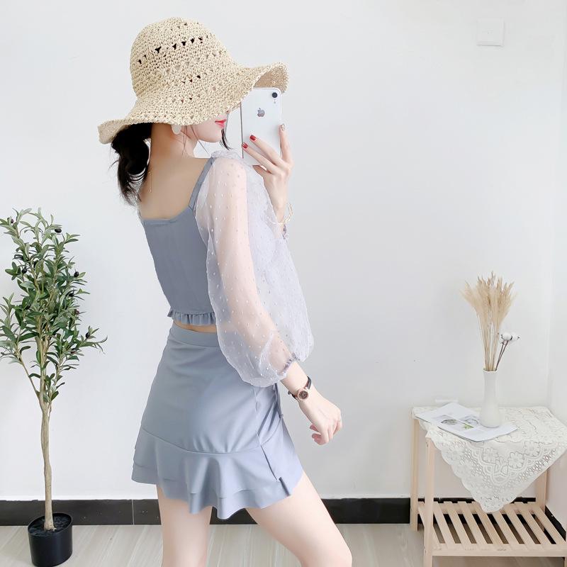 Women's 2024 Long Sleeve Bikini Set with Skirt - Slim Fit, Sexy, Large Size, Small Chest Gathered Design
