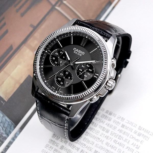 Casio Round Fluted Bezel Silver Black Men's Fashion Leather Wristwatch