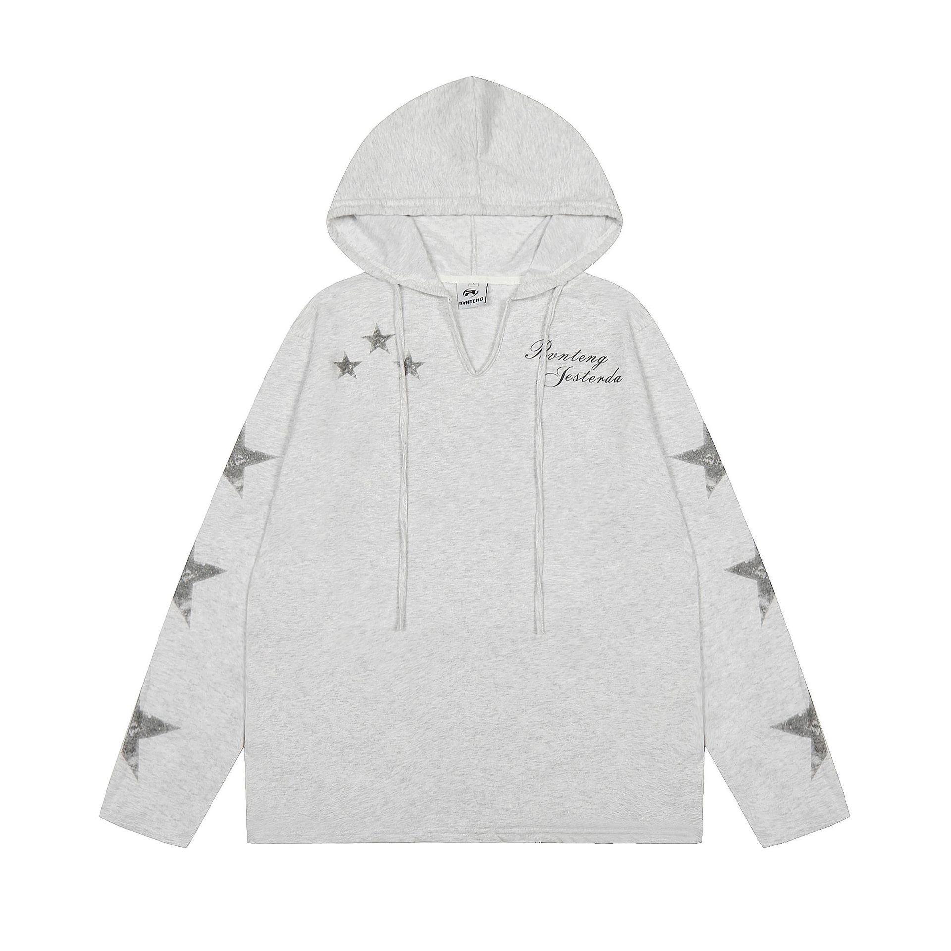 

American Speckled Star Print V-Neck Hooded Long Sleeve T-Shirt - Trendy, Light & Loose S сірий колір