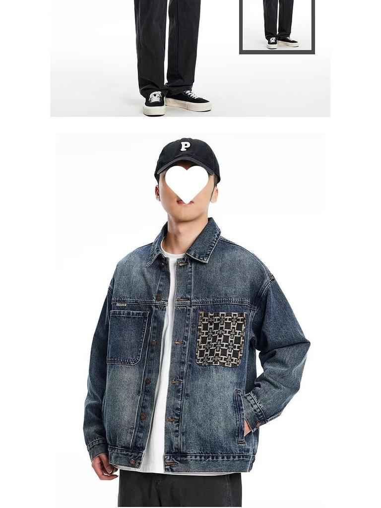 Men's Autumn Patchwork Denim Jacket: Precision Embroidery, Loose Fit, Plus Size Workwear Design.