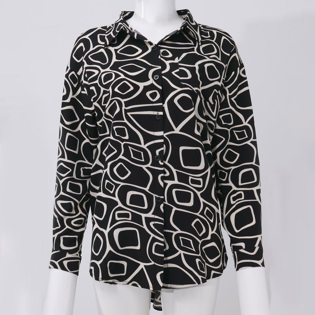 Damen Casual Fashion Print Einreihiges Revers Nähte Langarm Lose Hemd