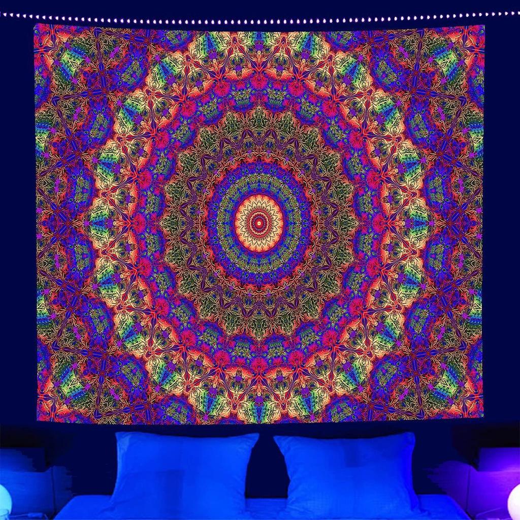 Blacklight Mushroom Skull Tapestry UV Reactive Trippy Wall Hanging Peach Skin 2D Print Psychedelic Bedroom Dorm Decor