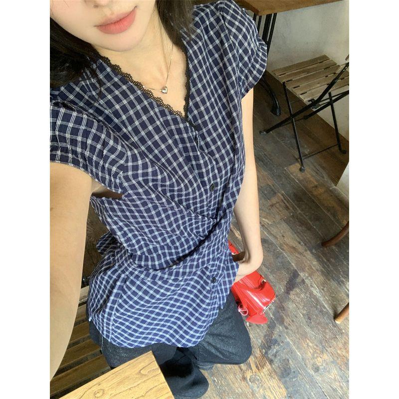 Kumikumi High Sense Retro Plaid Short sleeve Shirts Women Summer Niche Lace Edge Waist Hugging Slimming Top