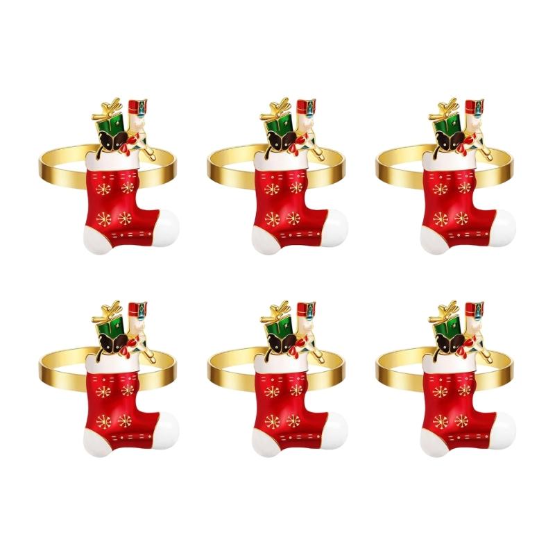 Set of 6 Christmas Stocking Napkin Rings in Alloy, with Gift and Soldier Accent, Enamel Napkin Holders for Rolled Napkins at Holiday Dinners and