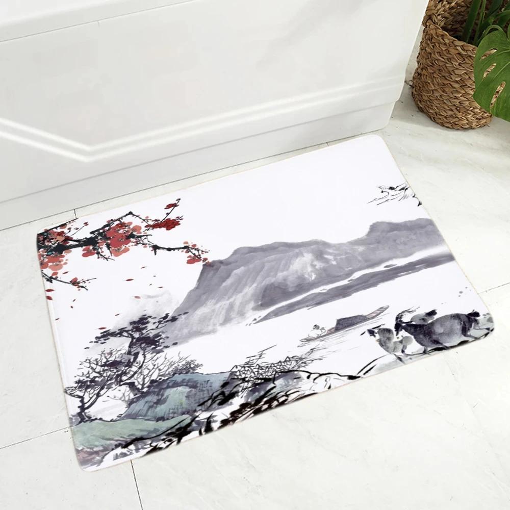 Chinese Ink Painting Floor Mat for Living Room Bedroom Kitchen Decor Non-Slip Carpet Landscape Print Doormat Soft Bathroom Mats