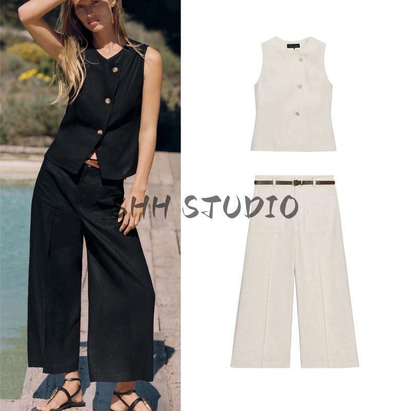 Linen Blended Vest Style Tops 2730722 8043746 Wide Leg Pants 2845722 8044746