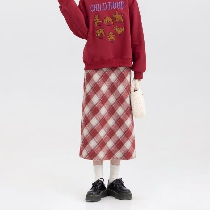 American Retro Plus Size Plaid Wool Skirt – Elegant Mid-Length Korean Style XL