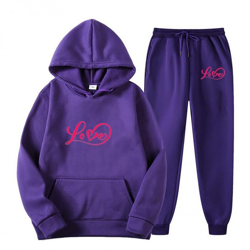 Womens Casual Hooded Sweatshirt Set Loose Fit College Style Printed Long Sleeve Top Drawstring Pants