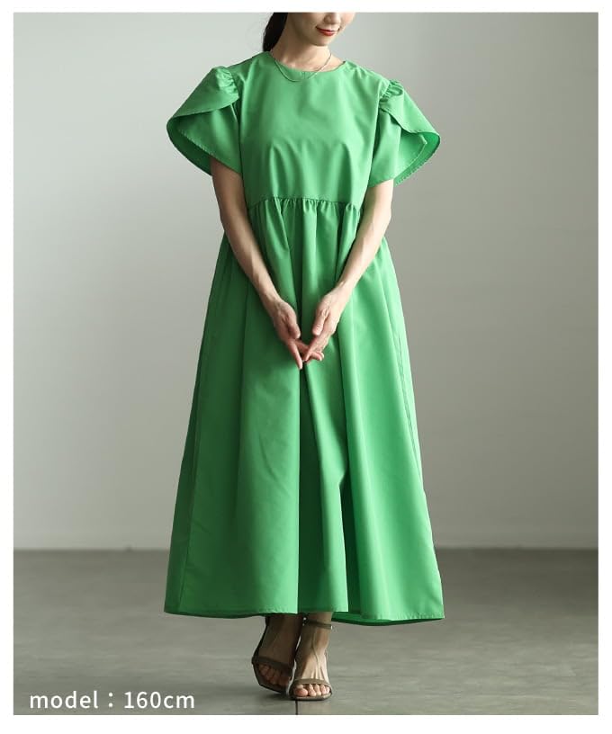 La A Voluminous Flared Color Dress That Brightens Your Long Dress with Short Flared Voluminous Flattering Casual Free Size Green [sawa Á Mode] Mood.