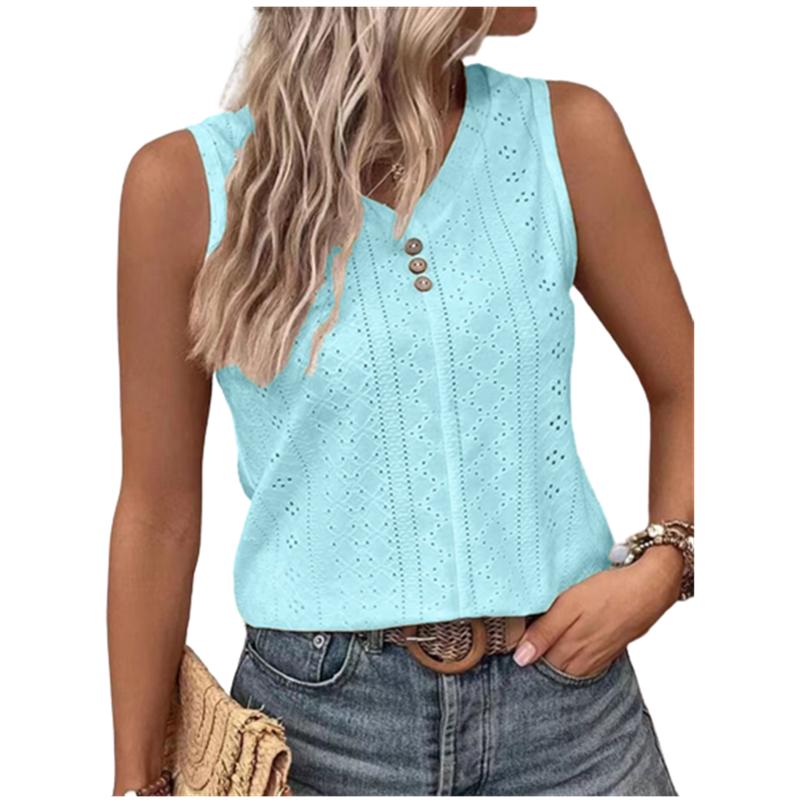 2025 Women Blouses Summer Sexy Tank Hollow V-Neck Button Loose Shirts Elegant Sweet Casual Sleeveless Solid Color Oversized Tops