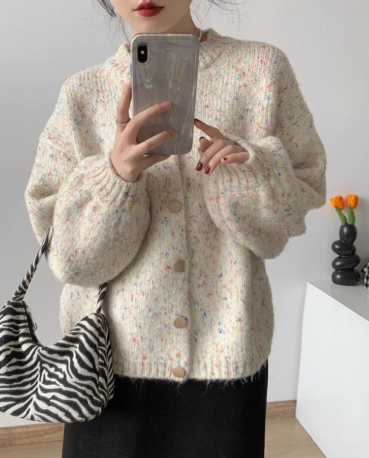 2024 American Soft Waxy Loose Knit Long Sleeve Cardigan Sweater Top for Ladies