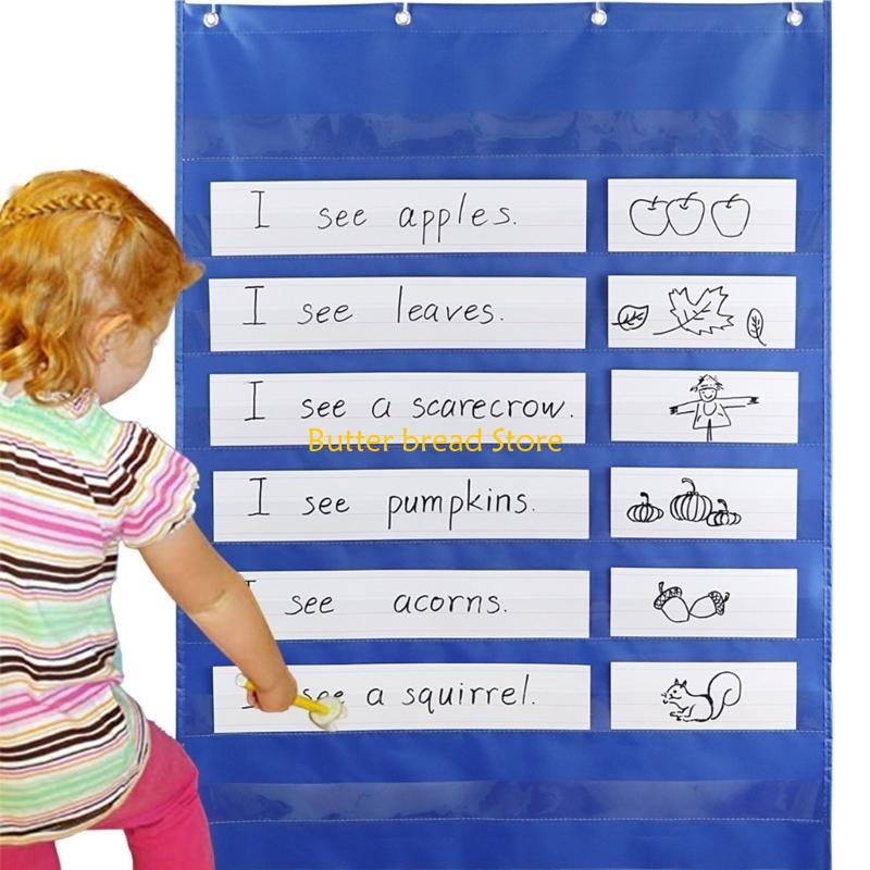 W89C Learning Pocket Chart Sentence Strips Holder Teaching Hanging Bag with Hook