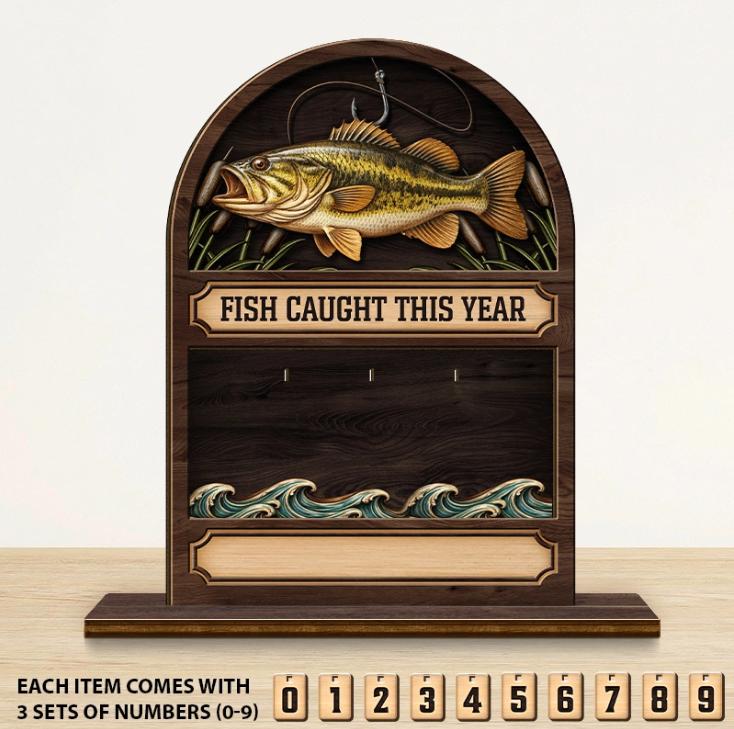 Personalized Fishing Wooden Sign 2-Layered Fish Caught Tracker Board with Number Tiles Custom Fisherman Gift for Husband Dad