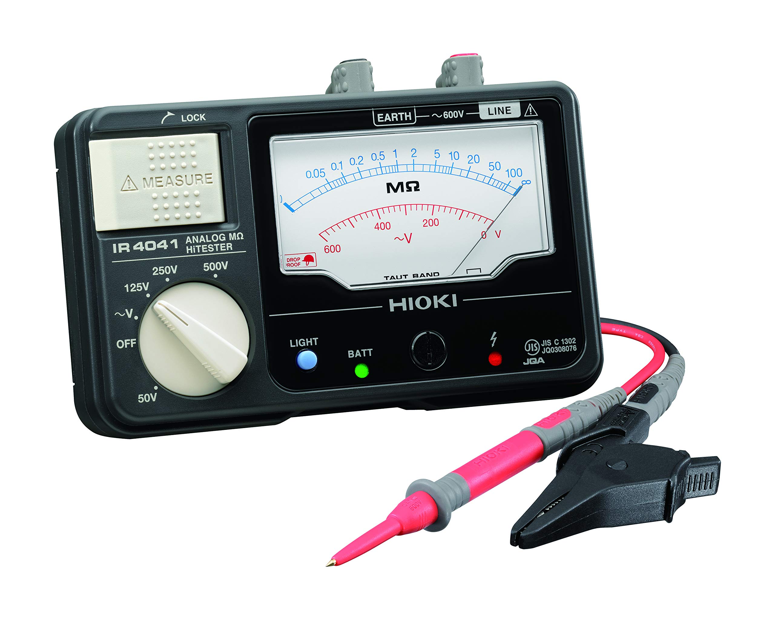 

HIOKI Мегомметр аналоговий для вимірювання опору ізоляції з вимірювальними проводами JIS Зроблено в 4 DC 500V Мегомметр (ХІОКІ) IR4041-10 Hi-Tester L9787, Сертифікований, Японія, чорний