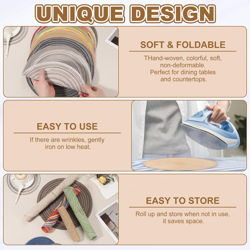 Uxcell 4er-Set Runde Gewebte Platzsets, 15", Hitzebeständig, Farbverlauf Braun für Küchen-/Esstischplatten