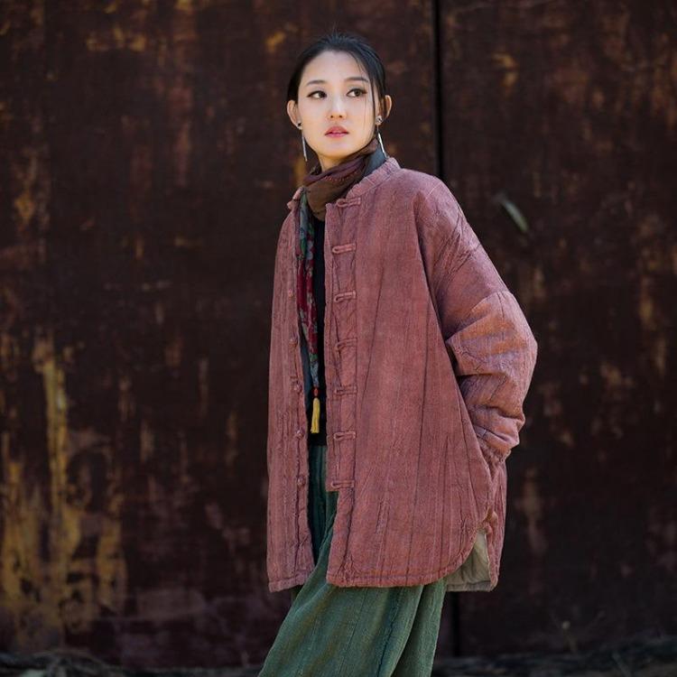 

Vintage Tie Dye Chinese Style Winter Coats for Women Button Stand Long Sleeve One Size