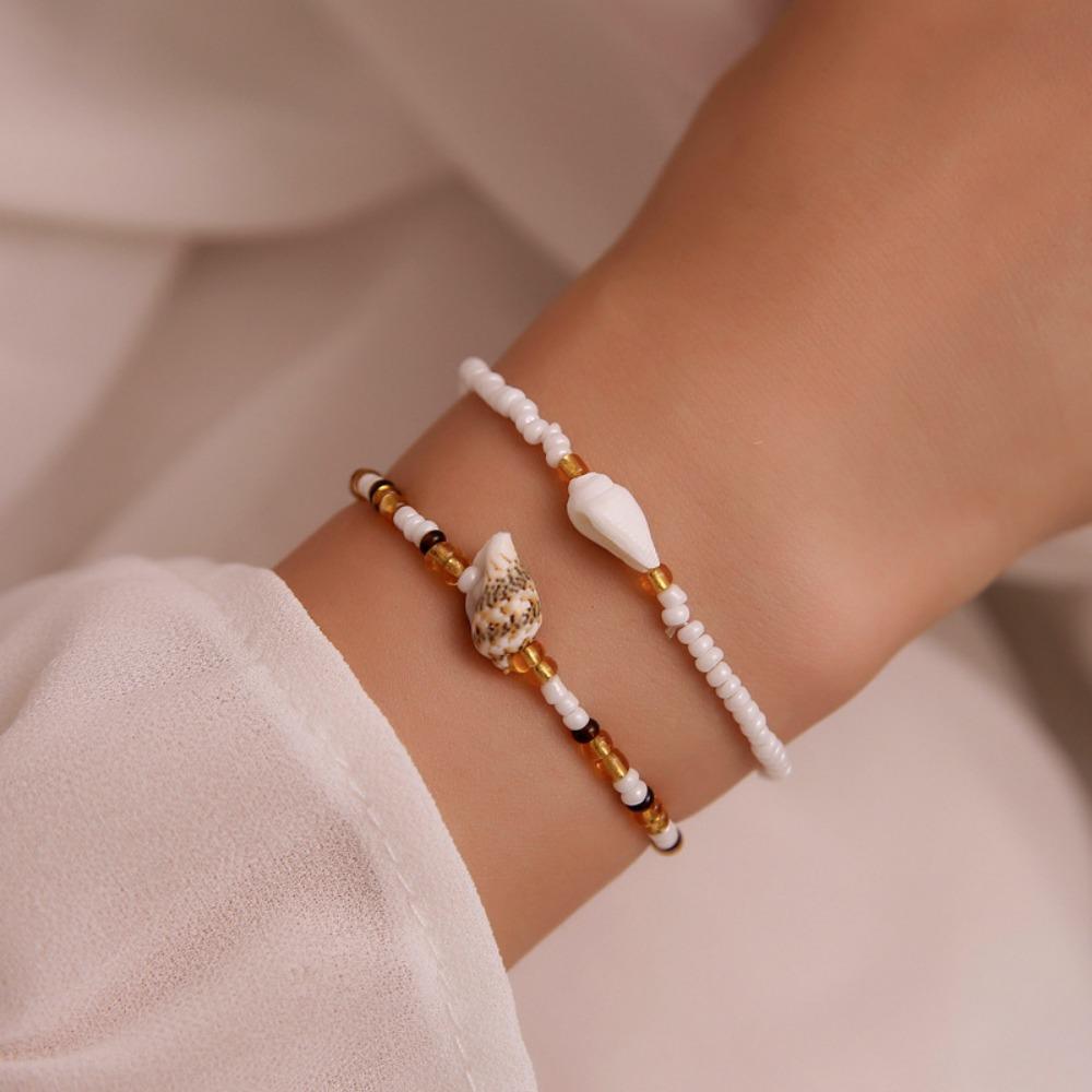 2pcs Set Bohemia Charm Hand-woven Acrylic Beads Shell Conch Bracelet for Women Summer Trendy Beach Bangle Jewelry Set Gift